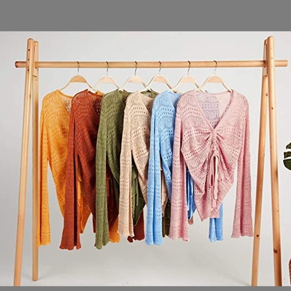 ARMY GREEN Womens Boho Off Shoulder Sheer Crop Tops Bell Sleeve SZ L NEW! - Picture 5 of 5